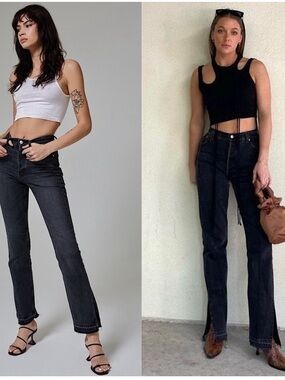 EB Denim Jeans Unraveled Two Split Hem Flare in Grade School Washes Black